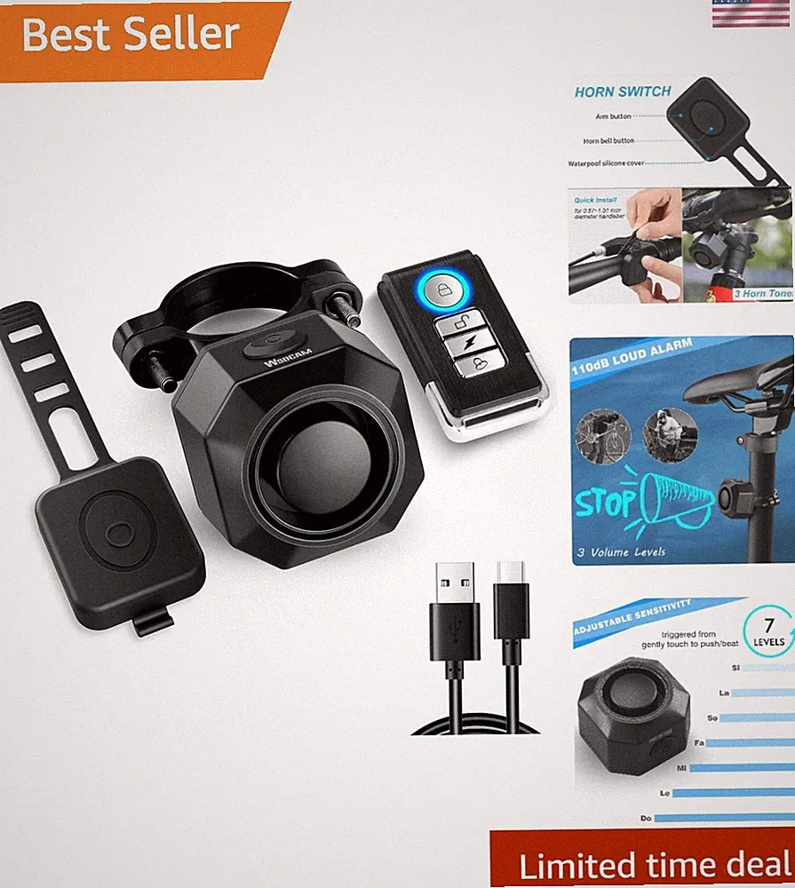110dB Wireless Bike Horn and Vibration Alarm - Remote Control Included